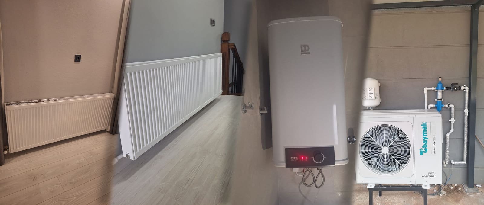 Duvara monte panel radyatörler, dijital göstergeli termosifon ve Baymak ısı pompası dış ünitesi